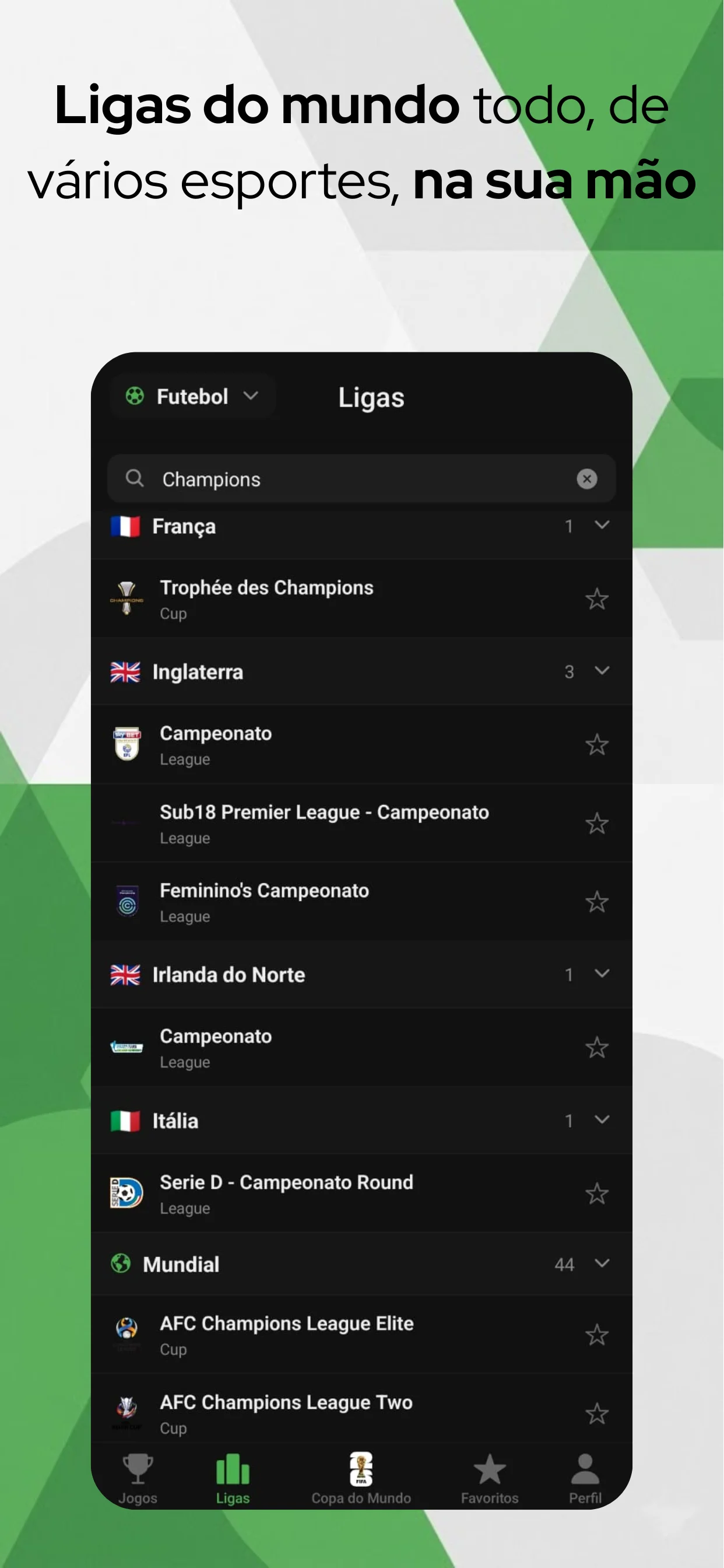 Navegação por ligas de vários esportes